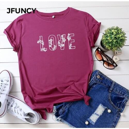 JFUNCY Plus Size Women Summer Cotton T Shirt Short Sleeve Love Printed T-Shirt Woman Shirts Loose Tee Tops Female Tshirts