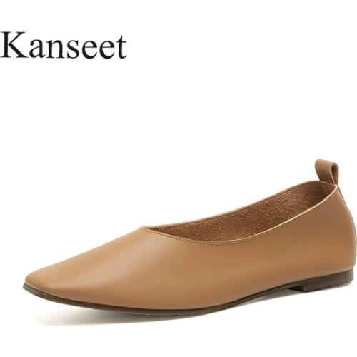 Kanseet New Concise Soft Genuine Leather Square Toe Flats Woman Pumps Casual 2021 Spring Summer New Comfort Flat Female Shoes
