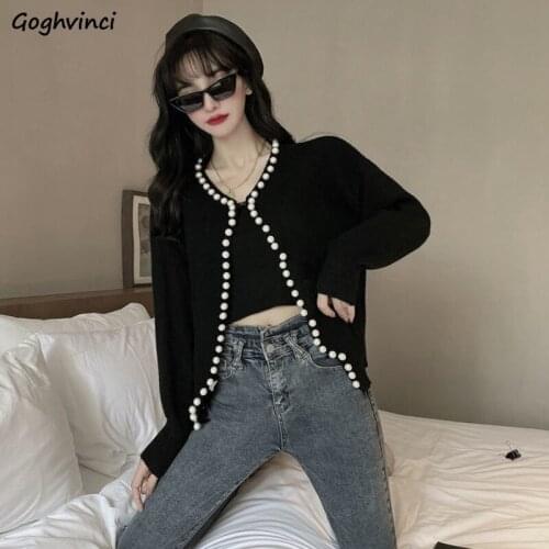 Cardigan Women Spring Autumn Sweater Korean Style Fashion All-match O-neck Pearls Solid Simple Girls Cute Comfortable Elegant