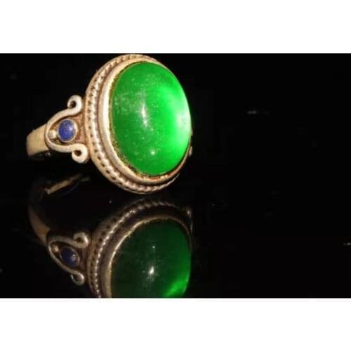 Collection Chinese old Tibetan silver cloisonne inlaid greenstone jade ring