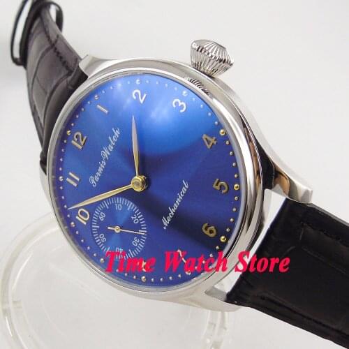 44mm Parnis Royal blue dial 17 jewels mechanical 6497 hand winding movement mens watch men 395