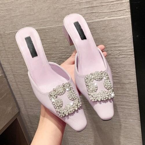 2021 Summer Fashion High Heels Solid Mules Leather Shoes for Women Indoor Outdoor Office Slippers Sexy Ladies Slides Sexy Mules