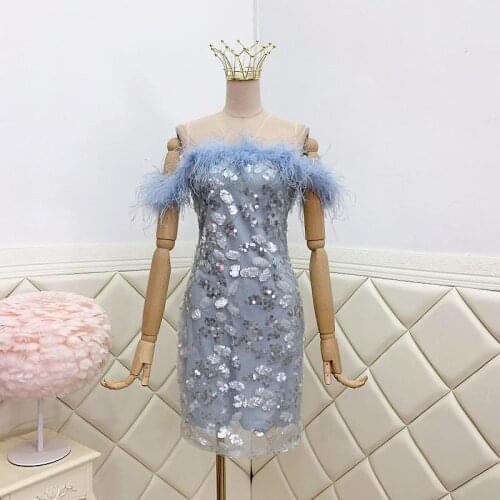 Fringed Sequins Embroidery Luxury Sexy Holiday Dress Summer Net Yarn One-Shoulder Slim Mini Blue Dresses Women Clothing
