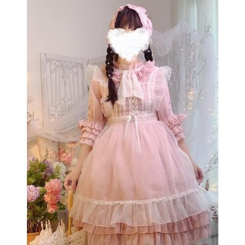 Pink lolita dress vintage stand lace bowknot victorian dress kawaii girl gothic lolita op palace sweet princess dress loli cos