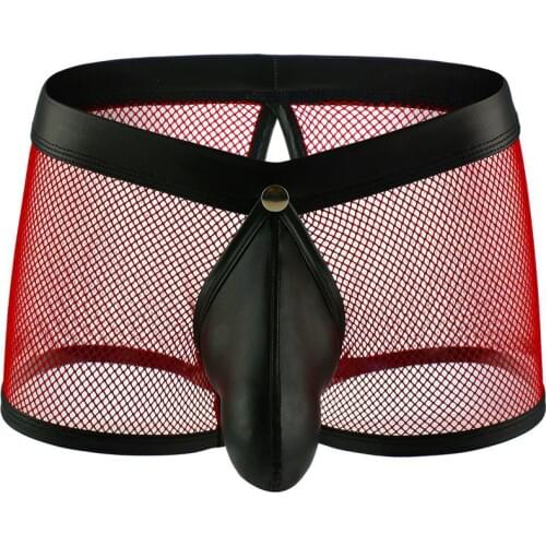 Sexy Fishnet Underwear Boxers Mens Transparent Mesh Boxershorts Trunks Gay Penis Pouch Jockstrap Faux Leather Underpants Cuecas