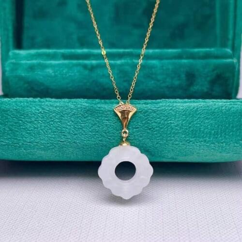SHILOVEM 18k YELLOW gold real Natural white Jasper pendants classic fine Jewelry women necklace plant new 14mm mymz14145562hby