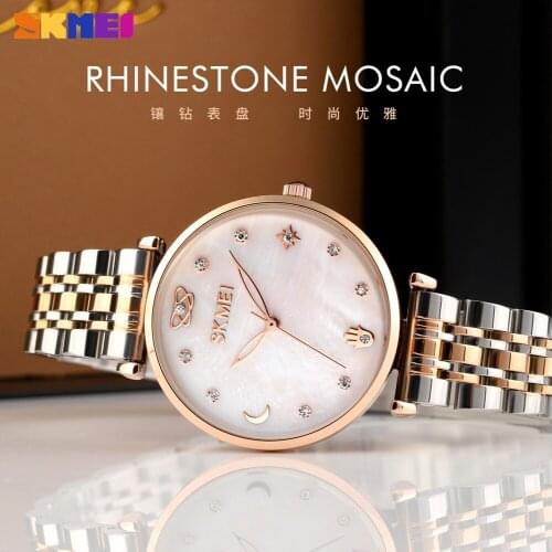 SKMEI New Fashion Quartz Womens Watch Rhinestone Round Dial Stainless Steel Strap Lady Wristwatch Waterproof Clock reloj mujer