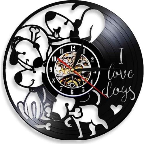 Dog Vinyl Record Wall Clock Puppy Pet Owner LED Wall Light Hanging Watch Housewarming Gift For Animals Lovers Living Room Decor