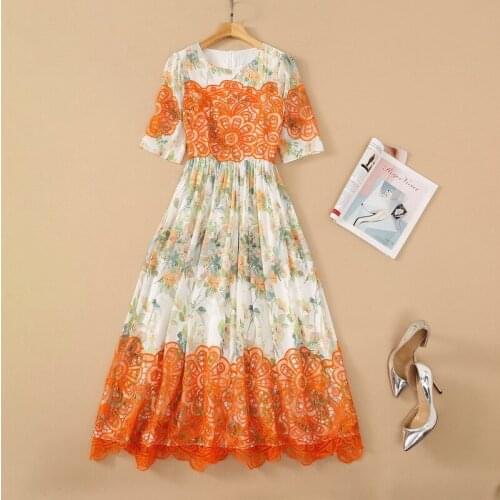 European and American womens wear for summer 2021 Embroidery stitching print with five-quarter sleeve Fashion pleated dress