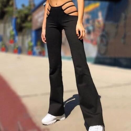 Women Black Sexy Cut Out Pants Slim Fitness Sweat Pants Hollow Out Flare Trousers Streetwear Bell-Bottomed Pants