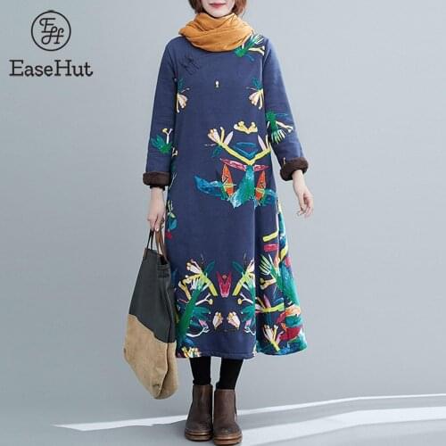 2020 New Chinese Style Print Floral Women Dresses Warm Vintage Robes Winter Warm Thick Warm O Neck Long Sleeve Loose Vestidos