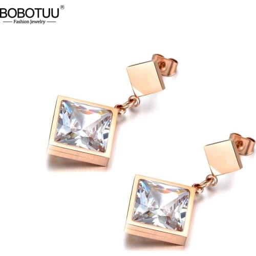 BOBOTUU Titanium Steel Fashion Square Cubic Zirconia Steel Stud Earrings Charming Engagement Earrings Jewelry For Women BE18048