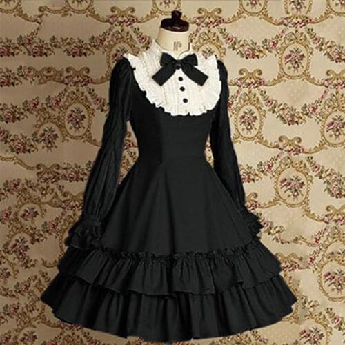 Sweet Girls Vintage Slim Cotton Dress Lolita Classic Mary Magdalene Women Bow Tie Ruffle Layer Princess Mini Costume For Ladies