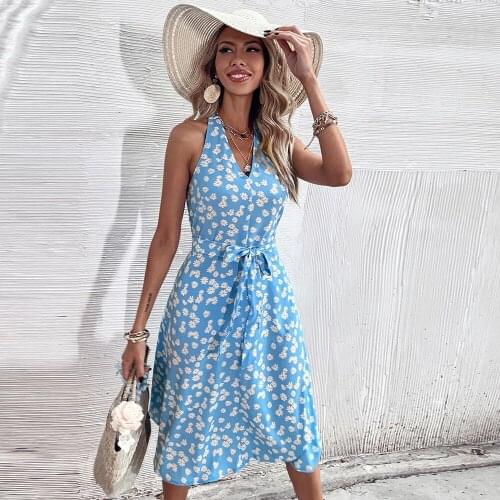 Elegant Blue Floral Halter Midi Dress Women Summer 2021 Holiday Sexy Sleeveless Backless Dresses Daisy Flower Beach Wear Vestido