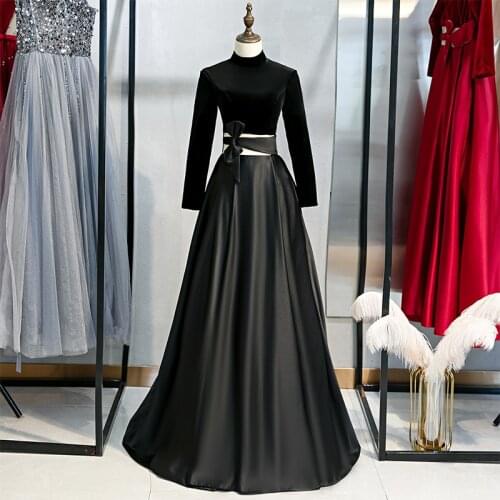 Bespoke Occasion Dresses Vintage High Full A-Line Floor-Length Jersey Bow Luxury Black Elegant Women Formal Evening Gown HB129