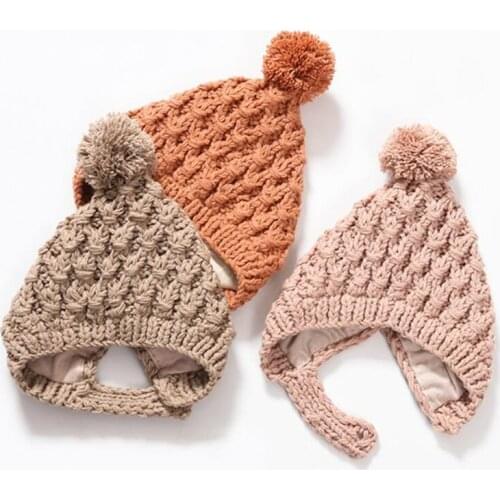 Winter Warm Baby Hat Handmade Crochet Wool Knitted Cap Small Ball Cute Newborn Beanie Bonnet