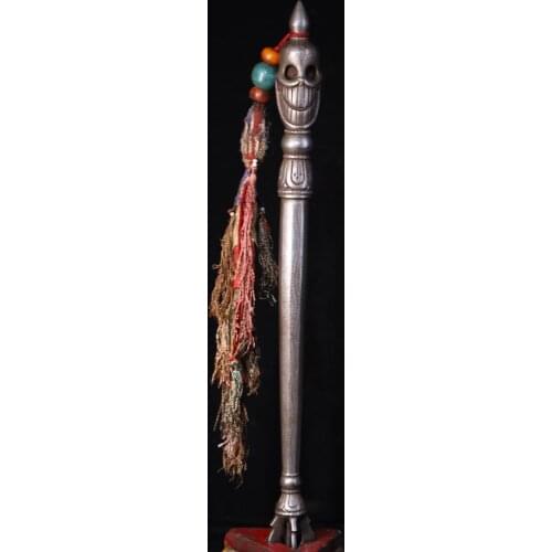 18" Tibet Buddhism Temple Tiantie Meteorite Skull Head Khatvanga Dorje Vajra Phurba Dagger Holder faqi Pedestal Bodhi Root