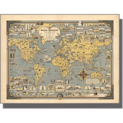 Abstract Vintage Ancient architecture Globe World Map Paintings HD Print Canvas Wall Art Picture library Office Room Home Decor