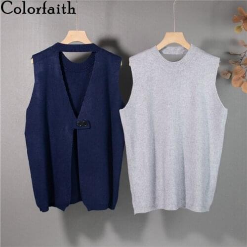 Colorfaith 2021 New Autumn Winter Women Sweaters Pullover Sleeveless Cut Out Knitted Vintage Oversize Elegant Wild Vests SWV1341