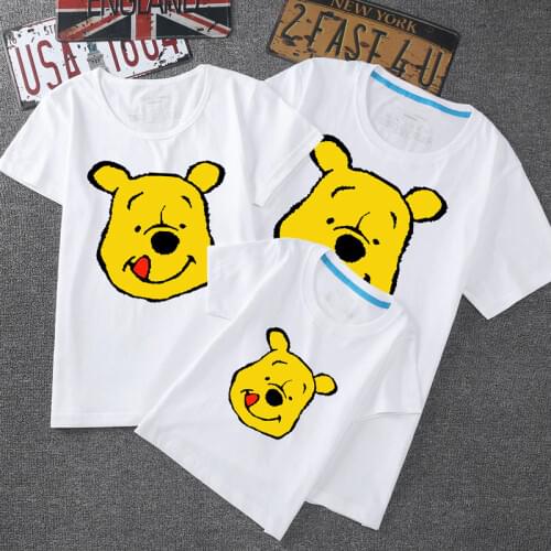 Disney Winnie the Pooh Cartoon Print Dad Mom Baby Cotton Summer Clothing For Family Matching Outfits Clothes Pattern Short Sleev
