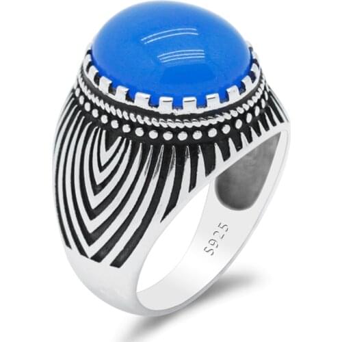 Mens Ring with Nature Royol Blue Agate Stone 925 Sterling Silver Mysterious Geometry Pattern Male Ring Turkish Silver Jewelry