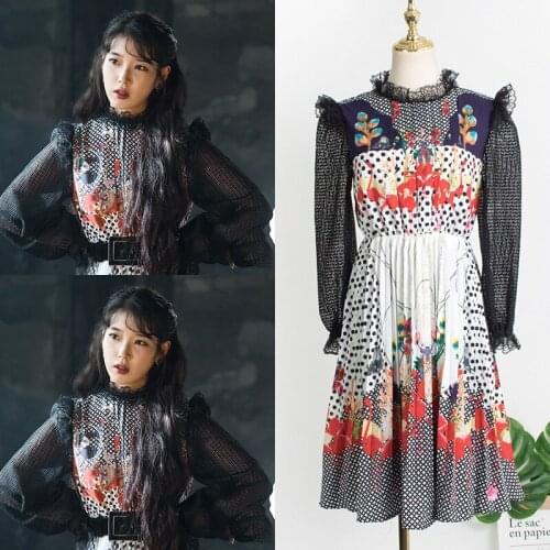 Kpop IU Lee Ji Eun sexy Lace splice hollow long sleeved High waist dress women autumn party casual stand collar pleated dresses