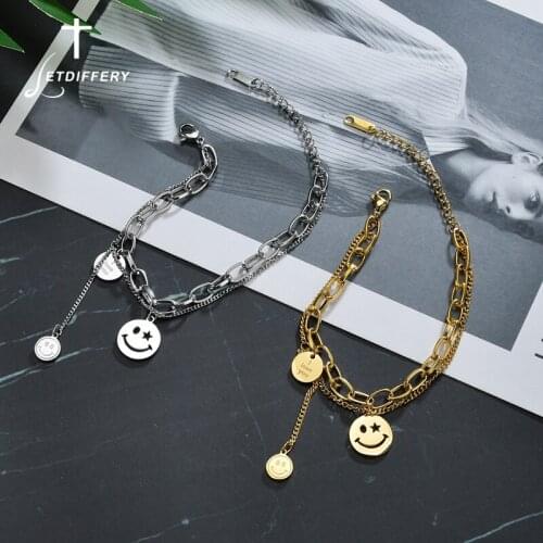 Letdiffery 2 Layers Cute Smiley Face Lucky Bracelets Gold Stainless Steel I Love You Letter Bracelet for Women Jewelry