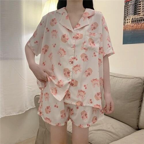 Summer Pajamas Female Student Suit Short-Sleeved Princess Style Sweet Home Clothes Cute Printing Lapel Pajamas