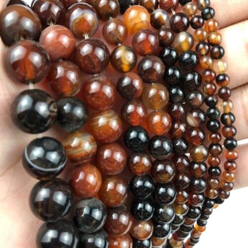 MKTREG Brown Stripe beads Natural banded Stone carnelian Onyx Round Loose beads 4/6/8/10/12MM Jewelry bracelet accessories DIY