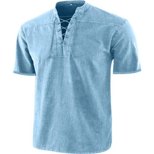 80% Dropshipping!!Men Stand Collar Front Lace Up Short Sleeve V Neck Slim T-shirt Streetwear for Daily Wear