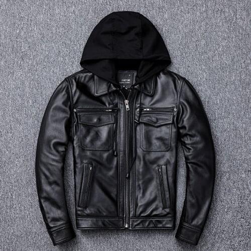 Genuine Leather Jacket Men Hooded Spring Autumn Motorcycle Real Cow Leather Coat Plus Size Cowhide Jackets | 203202060599