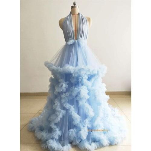 Sky Blue Maternity Gowns for Babyshower Ruffled Halter Wedding Sleepwear Bathrobes Nightgowns Maternity Dress Photo Shoot Props