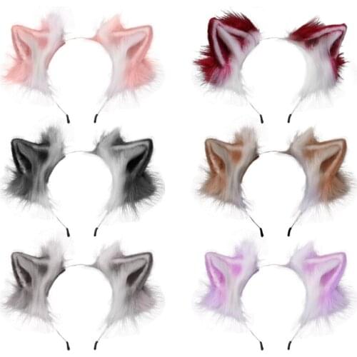 Furry Plush Foldable Wolf Cat Ears Headband Contrast Color Simutation Animal Hair Hoop Japanese Kawaii Cosplay Headpiece