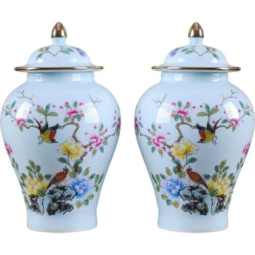 Symmetrical Vase Antique Ceramic Vase Flowers and Birds Patterns Hat-covered Jar Ornament Creative Gift