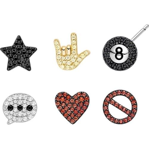 SOELLE 6pcs/set 925 Sterling Silver CZ Mini Star Black Eight Ball Love Heart Stop Sign Stud Earrings Women Fashion Party Jewelry