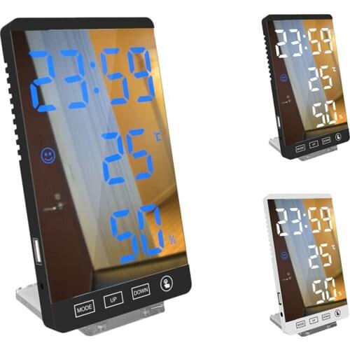 LED Digital Mirror Alarm Clock Press Button Clock LCD Temperature Humidity Display USB Output Port Table Clock