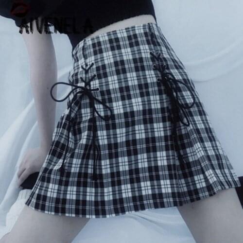 Harajuku Girls Gothic Black Plaid Skirt High Waist Slim Bandage Mini Skirts Girl Women Clothes AFC1047