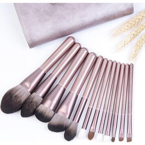 High Quality 12Pcs Purple Makeup Brushes Set with Leather Bag Nano Soft Goat Hair Powder Blending Eye Nose Shadow Lip Brush Kit