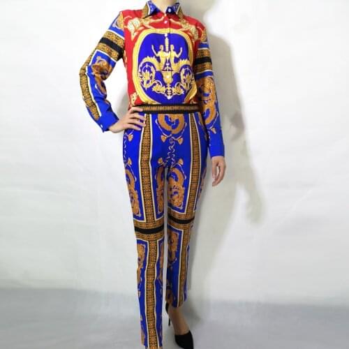 High-quality 2019 new designer fashion Suit sets Womens Long Sleeve Shirt Patterned Printed Vintage Full Length Pants set