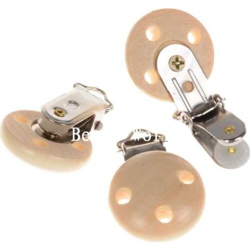 High Quality 5Pcs Natural Color Three Holes Round Wood Baby Pacifier Clip Holders Cute Infant Soother Clasps Accessories 45x29mm