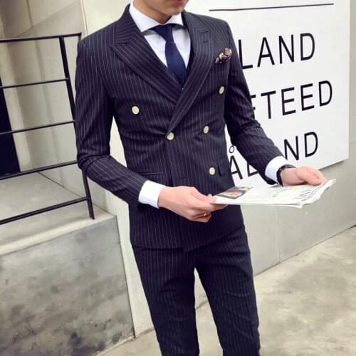 YIWUMENSA 3-Pieces Blend Navy Stripe Business Party Blazer Tailor-Made Suits Peaked Lapel Formal Slim Fit Mens Wedding Tuxedos