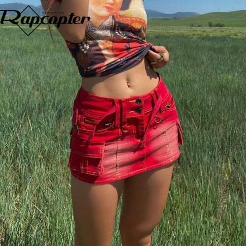 Rapcopter Red Tie Dye Jeans Skirts y2k Aesthetic Pockets Zipper Mid-Waisted Skirts Retro Cute Pencil Denim Skirts Women Korean