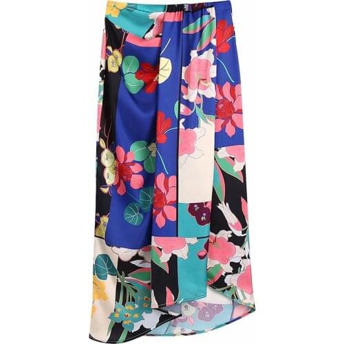Aonibeier 2021 Za Woman Traf Maxi Skirt Summer Floral Print Folds Draped Detail High Waist Asymmetric Ankle Length Long Skirt