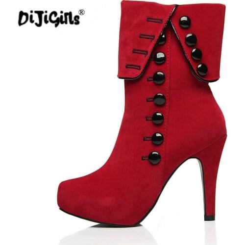 DIJIGIRLS Women Ankle Boots High Heels 2016 Fashion Red Shoes Woman Platform Flock Buckle Winter Boots Ladies Shoes