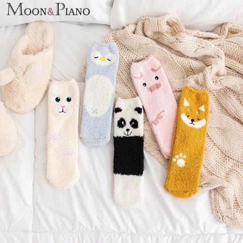 Coral Fleece Socks Cute Animal Funny Pig Fox Panda Cartoon Pattern Thicken Warm Winter Home Sleeping Soft Comfortable Women Sock