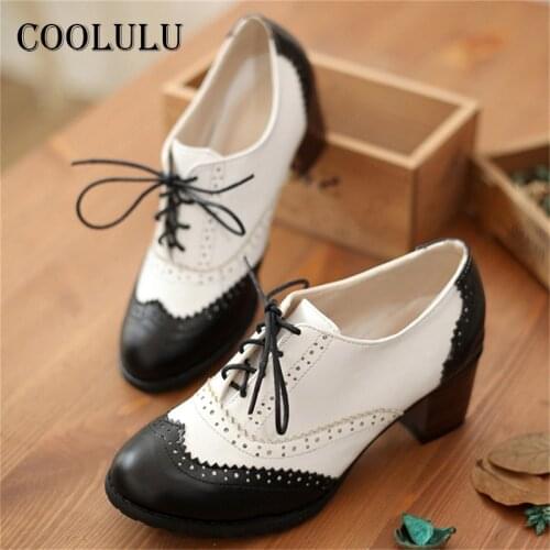 COOLULU 2021 Women Chunky Heel Wingtip Oxford Shoes Vintage High Heels Dress Pumps Lace Up Round Toe Retro Ladies Footwear Brown