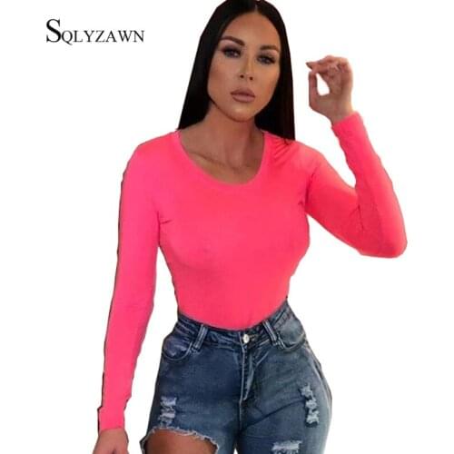 Fashion Neon Long Sleeve Bodycon Basic Thong Bodysuit Womens Autumn Sexy Green Pink Black Overalls 2019 Streetwear Cute Rompers