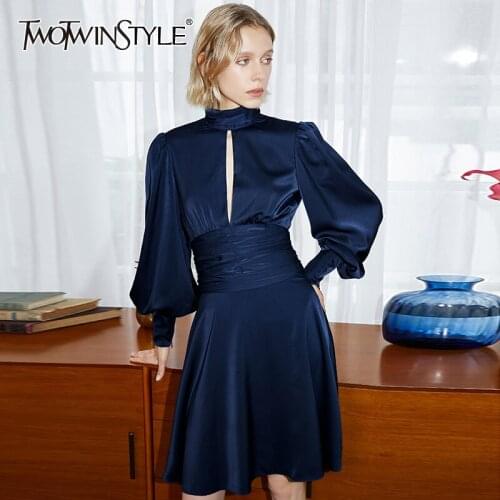 TWOTWINSTYLE Casual Cut Out Solid Fold Dress Female Stand Collar Lantern Sleeve Gathered Waist Dresses For Women Autumn 2021 New