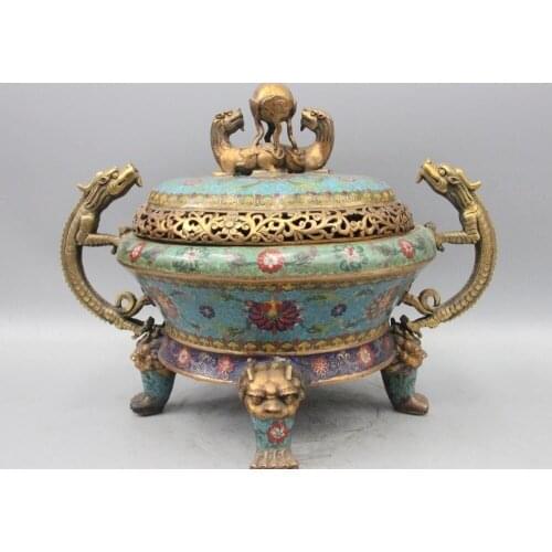 15" Chinese Bronze Cloisonne Foo Dog Lion Dragon Play Bead Incense Burner Censer