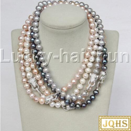 17" 10mm round white pink purple black gray pearls necklace Beaded Strand knotted leopard clasp j11719